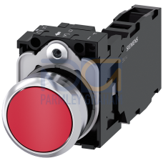 Pushbutton, 22 mm, round, metal, shiny, red, pushbutton, flat, momentary contact type, with holder,