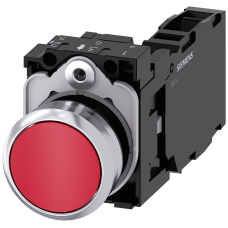 Pushbutton, 22 mm, round, metal, shiny, red, pushbutton, flat, momentary contact type, with holder,