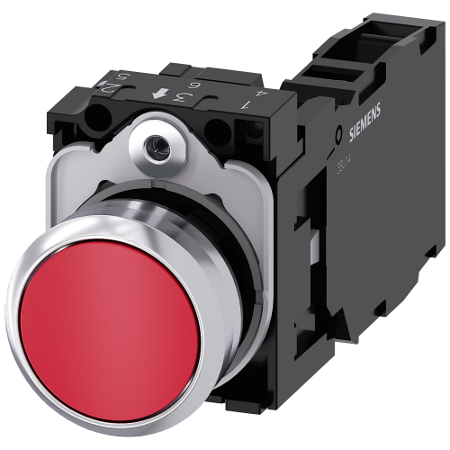 Pushbutton, 22 mm, round, metal, shiny, red, pushbutton, flat, momentary contact type, with holder,