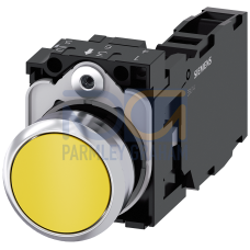 Pushbutton, 22 mm, round, metal, shiny, yellow, pushbutton, flat, momentary contact type, with holder, 1 NO+1 NC, screw terminal