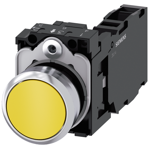 Pushbutton, 22 mm, round, metal, shiny, yellow, pushbutton, flat, momentary contact type, with holder, 1 NO+1 NC, screw terminal