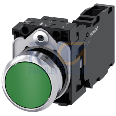 Pushbutton, 22 mm, round, metal, shiny, green, pushbutton, flat, momentary contact type, 1 NO+1 NC, screw terminal, with laser labeling, upper case