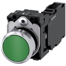 Pushbutton, 22 mm, round, metal, shiny, green, pushbutton, flat, momentary contact type, 1 NO+1 NC,