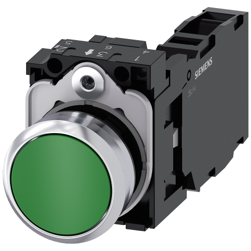 Pushbutton, 22 mm, round, metal, shiny, green, pushbutton, flat, momentary contact type, 1 NO+1 NC, screw terminal, with laser labeling, upper case