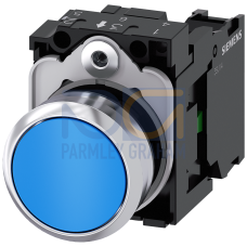 Pushbutton, 22 mm, round, metal, shiny, blue, pushbutton, flat, momentary contact type, 1 NO, screw terminal, with laser labeling, upper case and l...