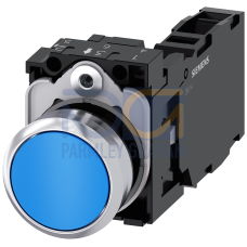 Pushbutton, 22 mm, round, metal, shiny, blue, pushbutton, flat, momentary contact type, 1 NO+1 NC, screw terminal