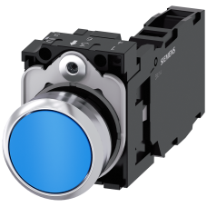 Pushbutton, 22 mm, round, metal, shiny, blue, pushbutton, flat, momentary contact type, 1 NO+1 NC, screw terminal