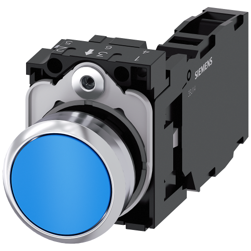 Pushbutton, 22 mm, round, metal, shiny, blue, pushbutton, flat, momentary contact type, 1 NO+1 NC, screw terminal