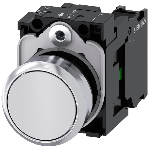 Pushbutton, 22 mm, round, metal, shiny, white, pushbutton, flat, momentary contact type, 1 NO, screw