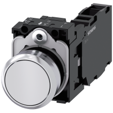 Pushbutton, 22 mm, round, metal, shiny, white, pushbutton, flat, momentary contact type, with holder, 1 NO+1 NC, screw terminal