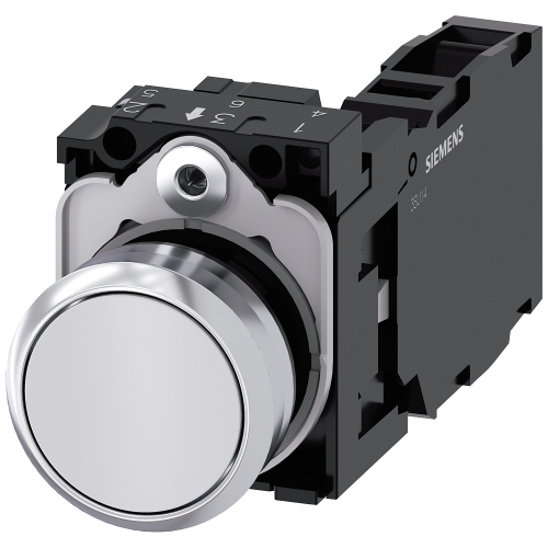 Pushbutton, 22 mm, round, metal, shiny, white, pushbutton, flat, momentary contact type, with holder, 1 NO+1 NC, screw terminal