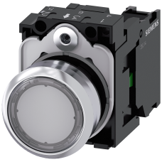 Pushbutton, 22 mm, round, metal, shiny, clear, pushbutton, flat, momentary contact type, with holder, 1 NO, screw terminal