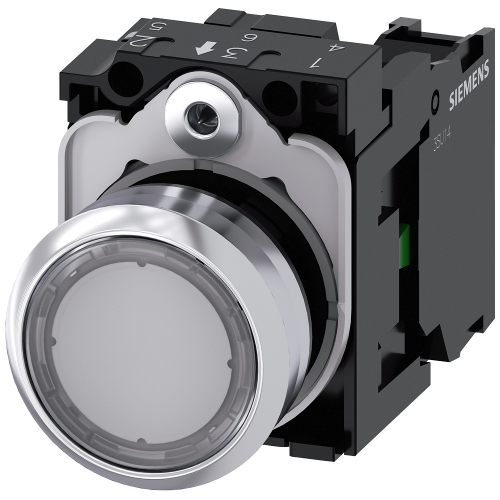 Pushbutton, 22 mm, round, metal, shiny, clear, pushbutton, flat, momentary contact type, with holder, 1 NO, screw terminal