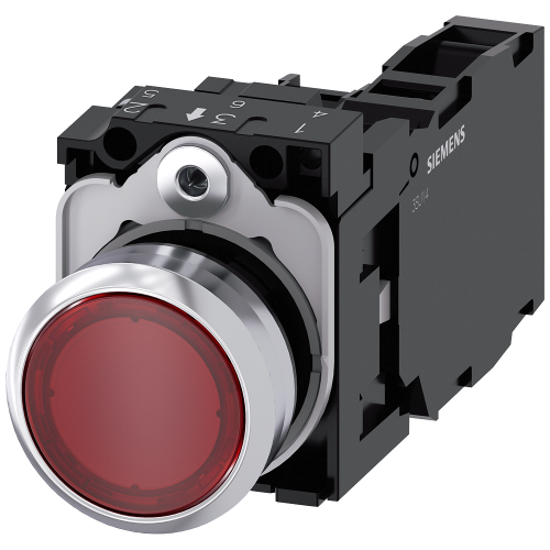 Illuminated pushbutton, 22 mm, round, metal, shiny, red, pushbutton, flat, momentary contact type, with holder, 1 NO+1 NC, LED module with integrat...