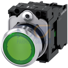 Illuminated pushbutton, 22 mm, round, metal, shiny, green, pushbutton, flat, momentary contact type,