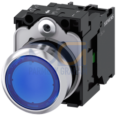 Illuminated pushbutton, 22 mm, round, metal, shiny, blue, pushbutton, flat, momentary contact type, with holder, 1NO, LED module with integrated LE...