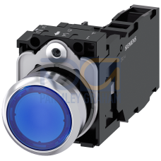 Illuminated pushbutton, 22 mm, round, metal, shiny, blue, pushbutton, flat, momentary contact type,