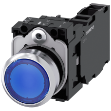 Illuminated pushbutton, 22 mm, round, metal, shiny, blue, pushbutton, flat, momentary contact type,