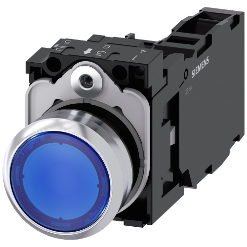 Illuminated pushbutton, 22 mm, round, metal, shiny, blue, pushbutton, flat, momentary contact type,