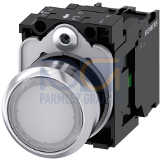 Illuminated pushbutton, 22 mm, round, metal, shiny, white, pushbutton, flat, momentary contact type, with holder, 1NO, LED module with integrated L...