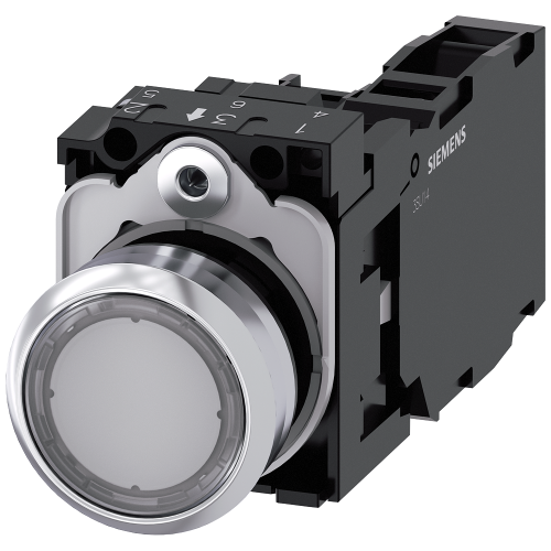 Pushbutton, illuminated, 22 mm, round, metal, high gloss, clear, button, 1 NO + 1 NC