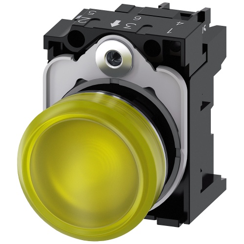 Indicator lights, 22 mm, round, metal, shiny, yellow, lens, smooth, with holder, LED module with int