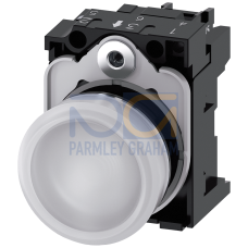 Indicator lights, 22 mm, round, metal, shiny, white, lens, smooth, with holder, LED module with integrated LED 24 V AC/DC, screw terminal, with las...