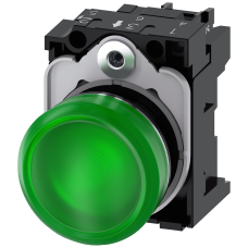Indicator lights, 22 mm, round, metal, shiny, green, lens, smooth, with holder, LED module with inte