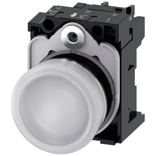 Indicator lights, 22 mm, round, metal, shiny, white, lens, smooth, with holder, LED module with inte