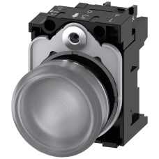 Indicator lights, 22 mm, round, metal, shiny, clear, lens, smooth, with holder, LED module with integrated LED 110 V AC, screw terminal