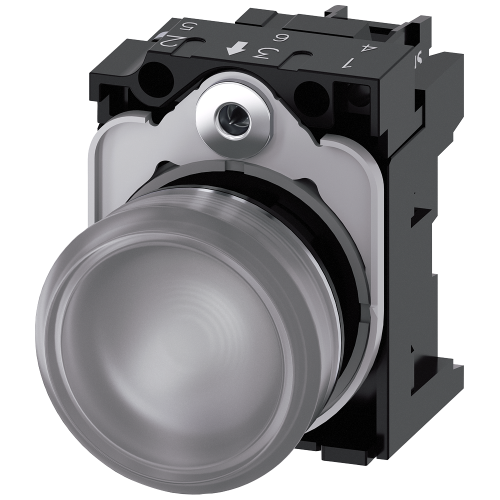 Indicator lights, 22 mm, round, metal, shiny, clear, lens, smooth, with holder, LED module with integrated LED 110 V AC, screw terminal, with laser...