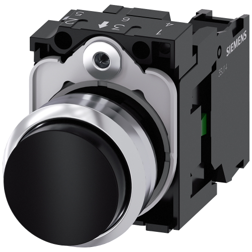 Pushbutton, 22 mm, round, metal, shiny, black, pushbutton, raised, momentary contact type, with holder, 1 NO, screw terminal