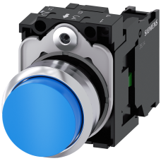 Pushbutton, 22 mm, round, metal, shiny, blue, pushbutton, raised, momentary contact type, with holde