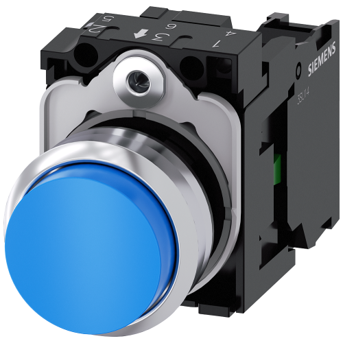 Pushbutton, 22 mm, round, metal, shiny, blue, pushbutton, raised, momentary contact type, with holde