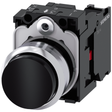 Pushbutton, 22 mm, round, metal, shiny, black, pushbutton, raised, momentary contact type, with hold