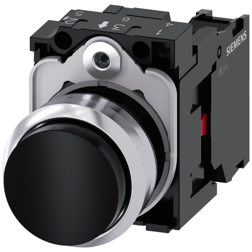 Pushbutton, 22 mm, round, metal, shiny, black, pushbutton, raised, momentary contact type, with hold