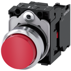 Pushbutton, 22 mm, round, metal, shiny, red, pushbutton, raised, momentary contact type, with holder