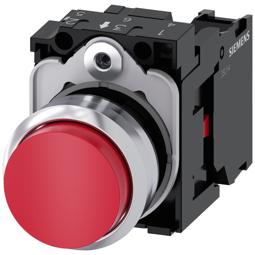 Pushbutton, 22 mm, round, metal, shiny, red, pushbutton, raised, momentary contact type, with holder