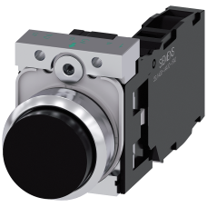 Pushbutton, 22 mm, round, metal, shiny, black, pushbutton, raised, momentary contact type, with holder, 1 NO+1 NC, screw terminal