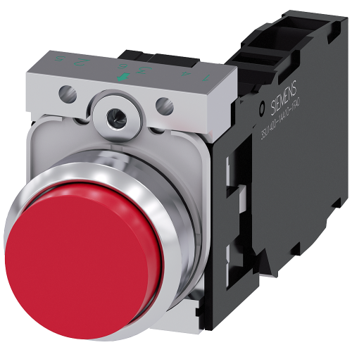 Pushbutton, 22 mm, round, metal, shiny, red, pushbutton, raised, momentary contact type, with holder, 1 NO+1 NC, screw terminal