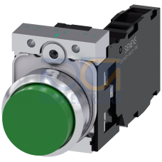 Pushbutton, 22 mm, round, metal, shiny, green, pushbutton, raised, momentary contact type, with holder, 1 NO+1 NC, screw terminal