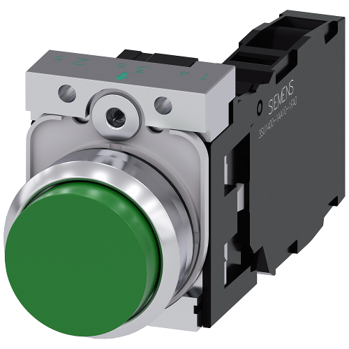 Pushbutton, 22 mm, round, metal, shiny, green, pushbutton, raised, momentary contact type, with holder, 1 NO+1 NC, screw terminal