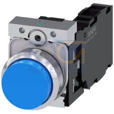 Pushbutton, 22 mm, round, metal, shiny, blue, pushbutton, raised, momentary contact type, with holder, 1 NO+1 NC, screw terminal