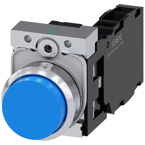 Pushbutton, 22 mm, round, metal, shiny, blue, pushbutton, raised, momentary contact type, with holder, 1 NO+1 NC, screw terminal