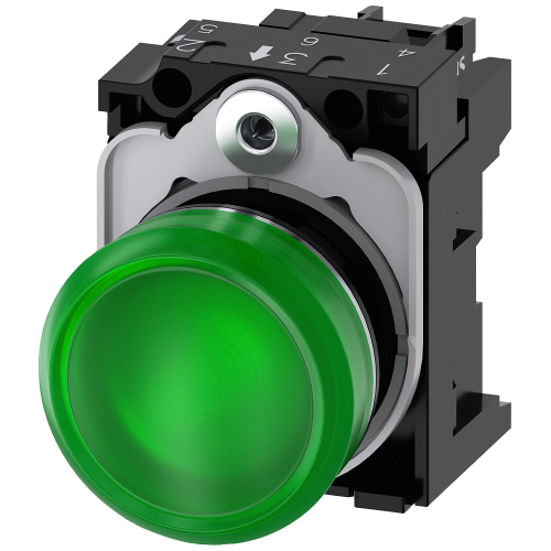 Indicator light, 22 mm, round, metal, high gloss, green, lens, smooth, 230 V AC