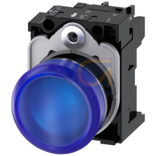 Indicator lights, 22 mm, round, metal, shiny, blue, lens, smooth, with holder, LED module with integrated LED 230 V AC, screw terminal