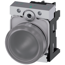 Indicator lights, 22 mm, round, metal, shiny, clear, lens, smooth, with holder, LED module with integrated LED 230 V AC, screw terminal