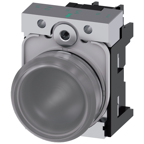 Indicator lights, 22 mm, round, metal, shiny, clear, lens, smooth, with holder, LED module with integrated LED 230 V AC, screw terminal