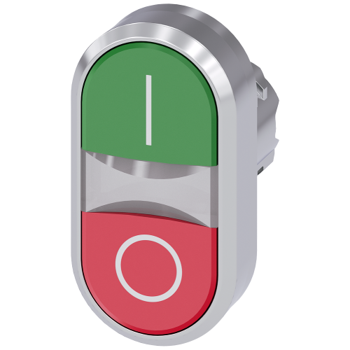 Illuminated twin pushbutton, 22 mm, round, metal, shiny, green: I, red: O, pushbuttons, flat, Z=50-unit packaging