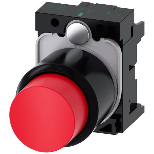 Pushbutton, compact, with extended stroke (12 mm), 22 mm, round, plastic, red, pushbutton, raised, momentary contact type, with holder